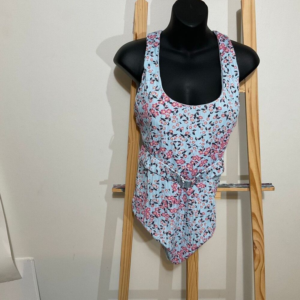 Roxy one-piece blue and pink floral pattern and belted waist size XL